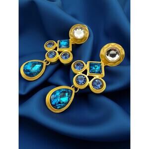 Exquisite Brush Gold Tone Blue Dangle Earrings (Unsigned)